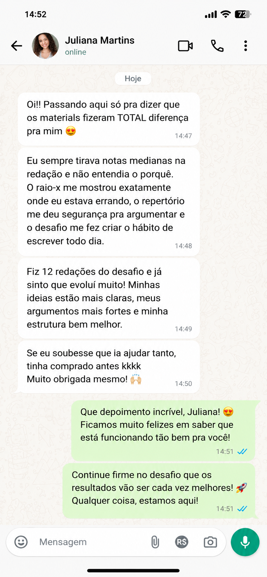 Depoimento da aluna Juliana Martins sobre o RAIO-X DA REDAÇÃO ENEM 2026
