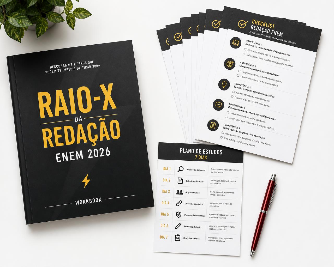 Materiais do RAIO-X DA REDAÇÃO ENEM 2026: workbook, checklist das competências e plano de estudos de 7 dias